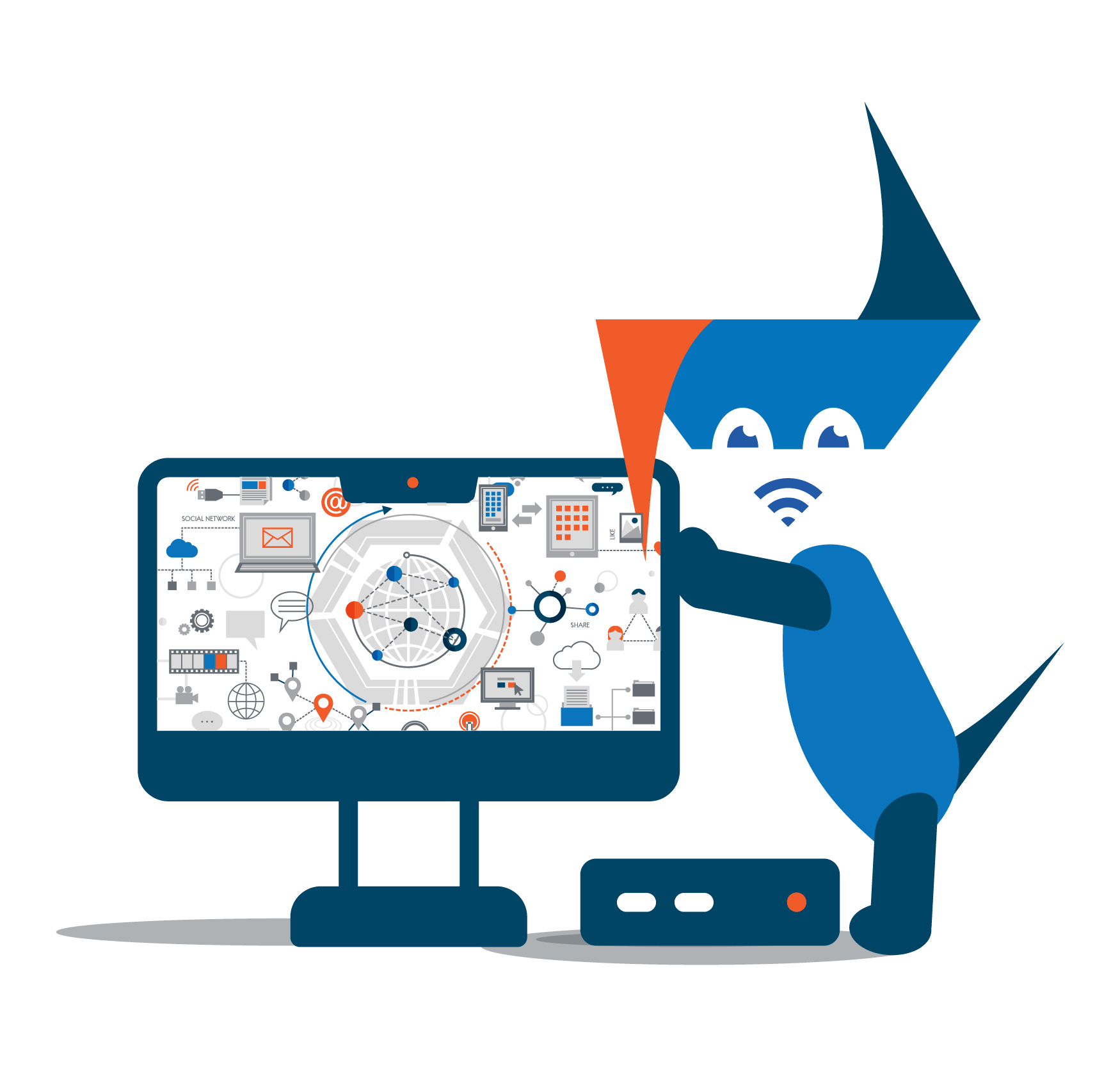 bent ear tech dog logo standing next to a computer