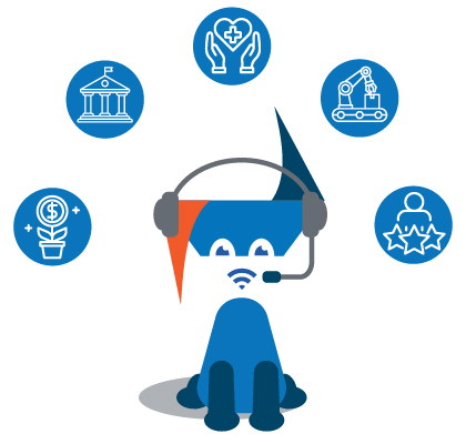 Bent Ear Dog mascot with each industry icon spinning around his head